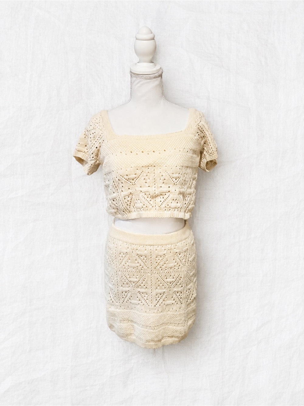 Cream Crochet Knit Two-Piece Skirt Set - Brand Unspecified